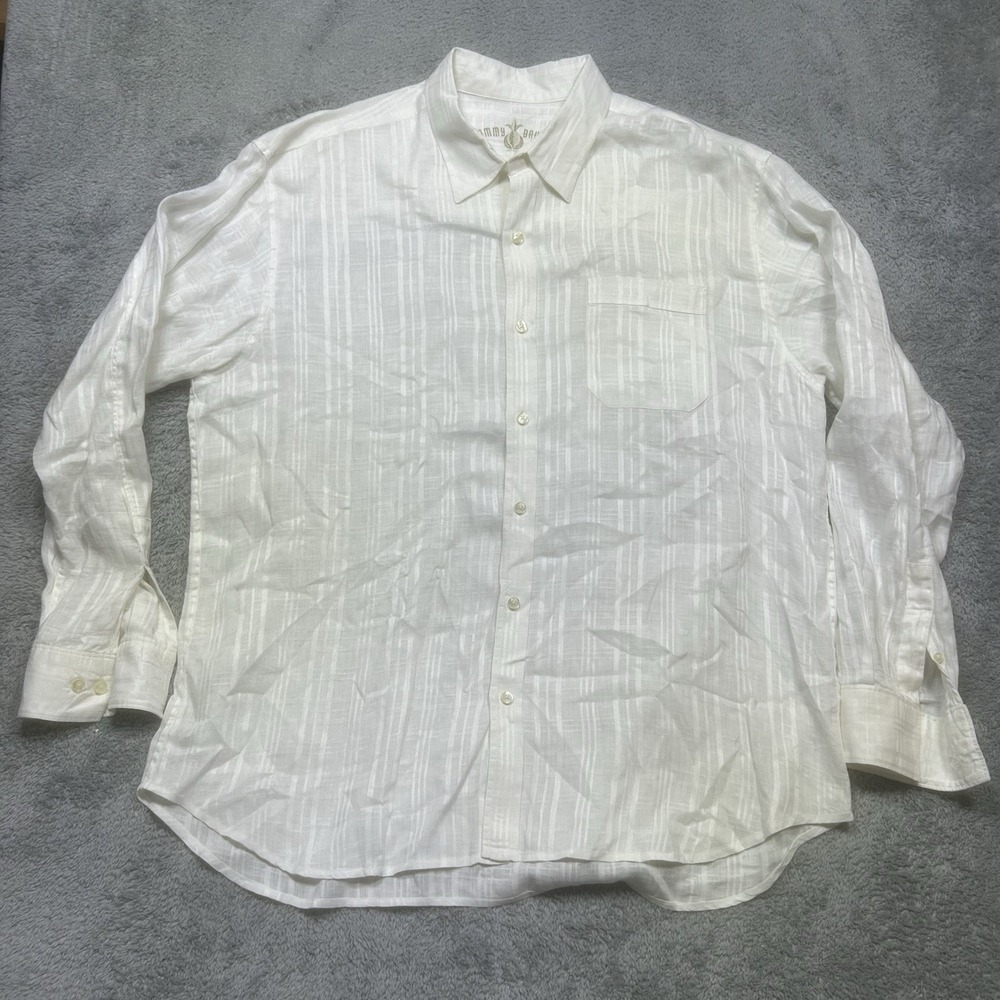Tommy Bahama Shirt Men's XL White Linen Plaid Long Sleeve Button Up Pocket EUC